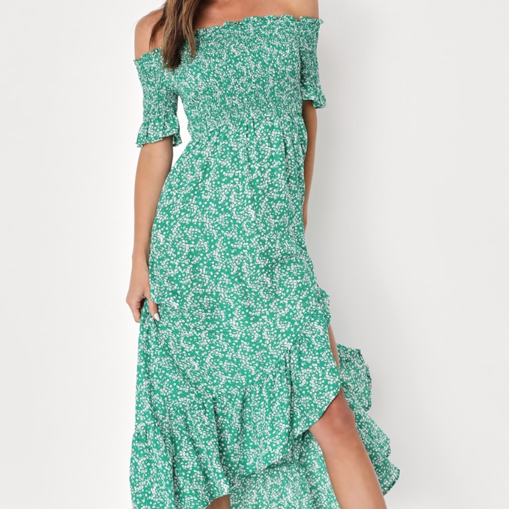 Green Floral Print Off-the-Shoulder Midi Dress